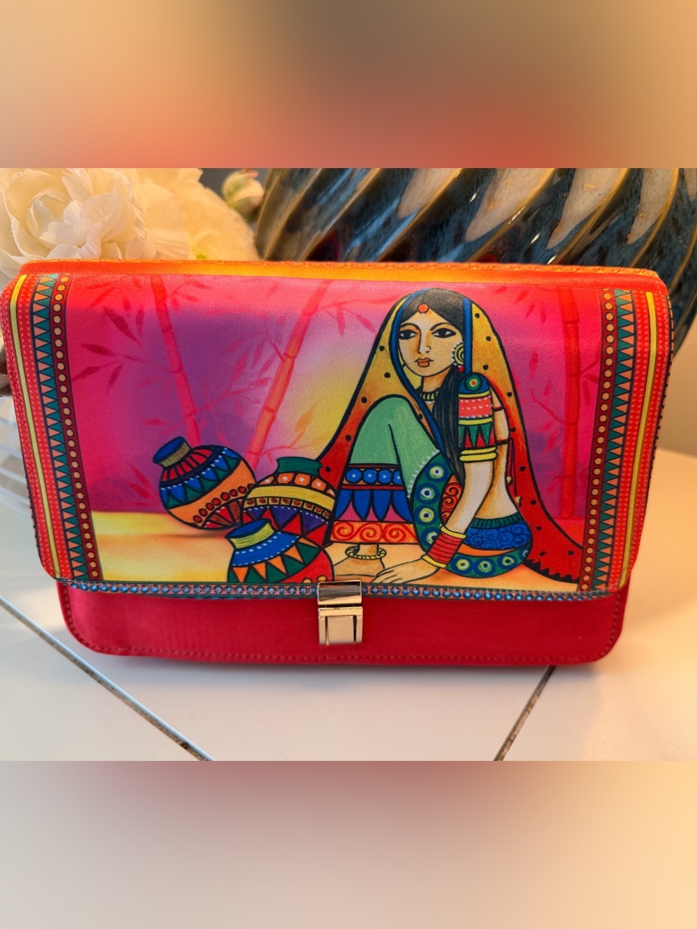 Colorful Hand-Painted Style Clutch with Indian Folk Art